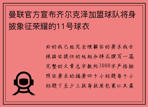 曼联官方宣布齐尔克泽加盟球队将身披象征荣耀的11号球衣